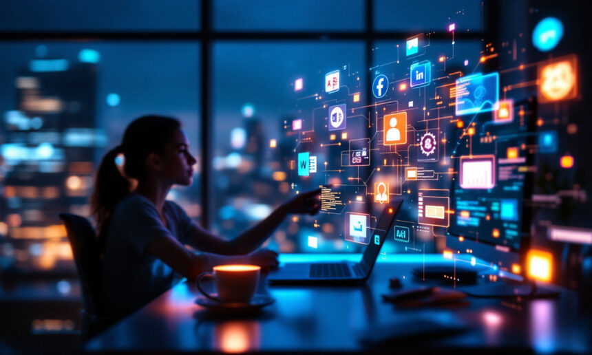 En kvinde sidder ved et skrivebord med en bærbar computer i et svagt oplyst kontor og interagerer med holografiske digitale ikoner og netværk. En bys skyline er synlig gennem store vinduer i baggrunden. - Kunstig intelligens AI