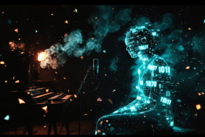 En lysende, digital humanoid figur med binær kode sidder ved et tastatur og en mikrofon, omgivet af svævende partikler og røg, i en mørk, stemningsfuld omgivelse. - Kunstig intelligens AI