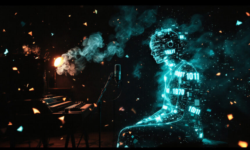 En lysende, digital humanoid figur med binær kode sidder ved et tastatur og en mikrofon, omgivet af svævende partikler og røg, i en mørk, stemningsfuld omgivelse. - Kunstig intelligens AI
