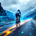 En cyklist kører på en bjergvej med digitale blå og orange lysstriber og datagrafik omkring sig, som symboliserer hastighed, teknologi og præstationsmåling. Skyet himmel og bjerge i baggrunden. - Kunstig intelligens AI