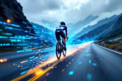 En cyklist kører på en bjergvej med digitale blå og orange lysstriber og datagrafik omkring sig, som symboliserer hastighed, teknologi og præstationsmåling. Skyet himmel og bjerge i baggrunden. - Kunstig intelligens AI