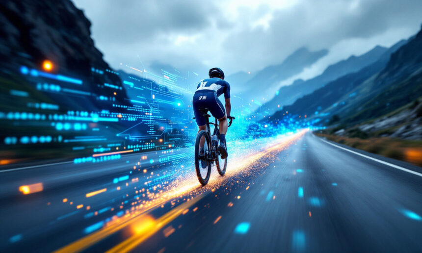 En cyklist kører på en bjergvej med digitale blå og orange lysstriber og datagrafik omkring sig, som symboliserer hastighed, teknologi og præstationsmåling. Skyet himmel og bjerge i baggrunden. - Kunstig intelligens AI