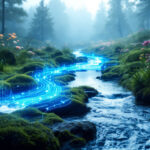 Et roligt skovløb flyder mellem mosbelagte klipper og vilde blomster med lyseblå digitale linjer og lyseffekter, der illustrerer vandet og blander naturen med et futuristisk, teknologisk tema. - Kunstig intelligens AI
