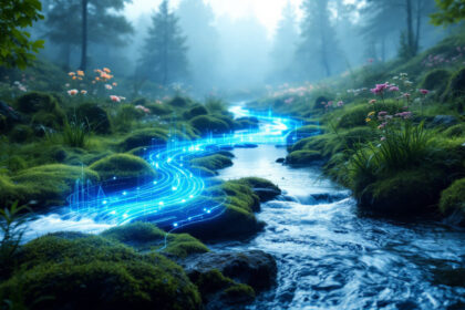 Et roligt skovløb flyder mellem mosbelagte klipper og vilde blomster med lyseblå digitale linjer og lyseffekter, der illustrerer vandet og blander naturen med et futuristisk, teknologisk tema. - Kunstig intelligens AI