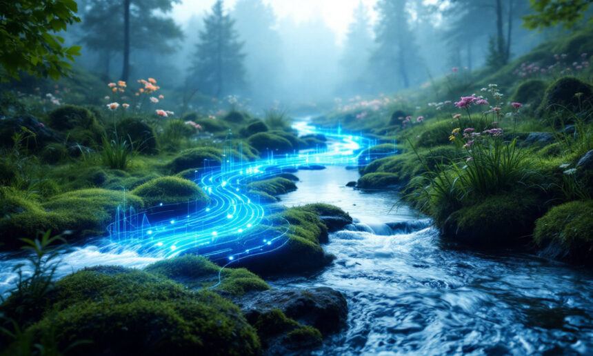 Et roligt skovløb flyder mellem mosbelagte klipper og vilde blomster med lyseblå digitale linjer og lyseffekter, der illustrerer vandet og blander naturen med et futuristisk, teknologisk tema. - Kunstig intelligens AI