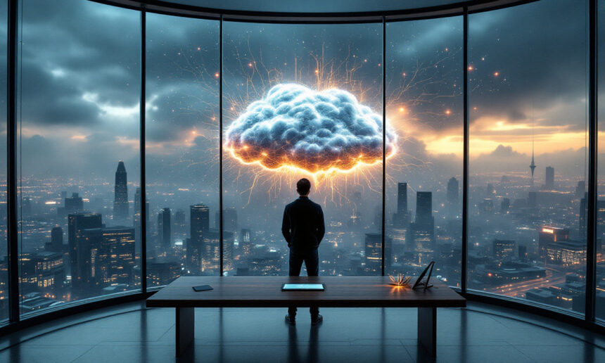 En person står foran et stort vindue med udsigt over en bys skyline i skumringen og med udsigt til en glødende sky med gnister over hovedet, hvilket antyder innovation eller cloud-teknologi. Et skrivebord med en bærbar computer og en telefon er i forgrunden. - Kunstig intelligens AI