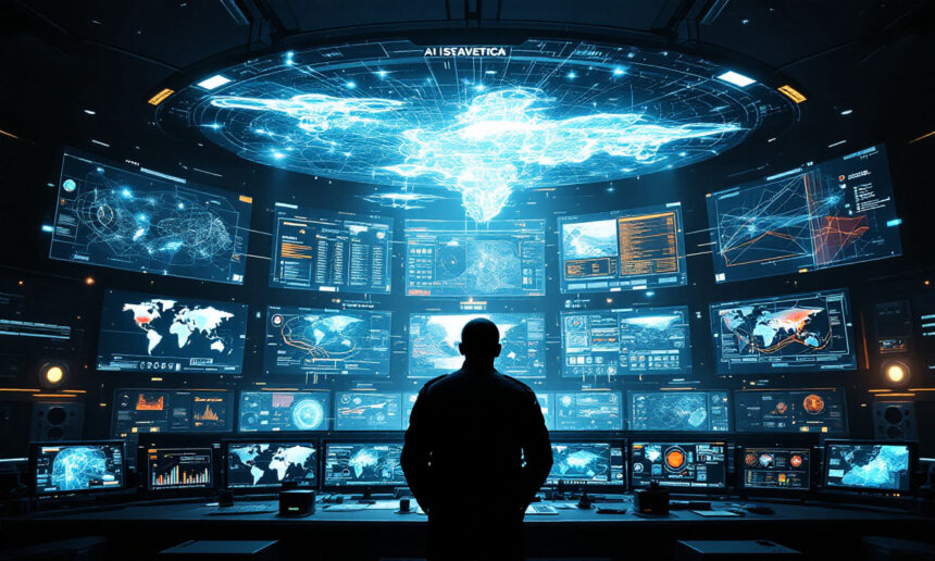 En person står i et højteknologisk kontrolrum, omgivet af talrige digitale skærme, der viser kort, data og grafer, med et stort holografisk kort projiceret ovenover. Atmosfæren er futuristisk og avanceret. - Kunstig intelligens AI