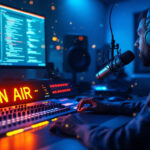 En mand med hovedtelefoner taler i en mikrofon i et svagt oplyst studie, omgivet af monitorer med kode, lydudstyr og et lysende ON AIR-skilt, som antyder en live radio- eller podcastudsendelse. - Kunstig intelligens AI