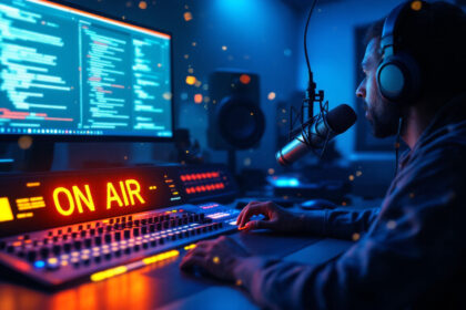 En mand med hovedtelefoner taler i en mikrofon i et svagt oplyst studie, omgivet af monitorer med kode, lydudstyr og et lysende ON AIR-skilt, som antyder en live radio- eller podcastudsendelse. - Kunstig intelligens AI