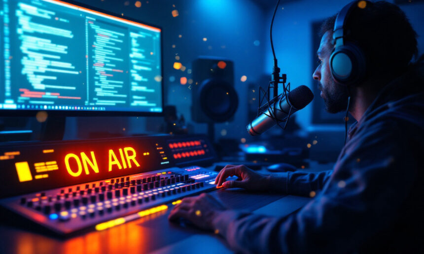 En mand med hovedtelefoner taler i en mikrofon i et svagt oplyst studie, omgivet af monitorer med kode, lydudstyr og et lysende ON AIR-skilt, som antyder en live radio- eller podcastudsendelse. - Kunstig intelligens AI