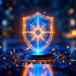 Et glødende digitalt skjold med en lys kerne står på en futuristisk platform og symboliserer cybersikkerhed. Blå og orange lys fremhæver et netværksbaseret, højteknologisk miljø i baggrunden. - Kunstig intelligens AI
