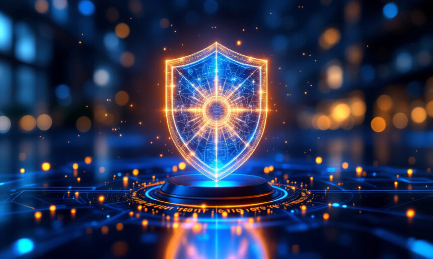 Et glødende digitalt skjold med en lys kerne står på en futuristisk platform og symboliserer cybersikkerhed. Blå og orange lys fremhæver et netværksbaseret, højteknologisk miljø i baggrunden. - Kunstig intelligens AI