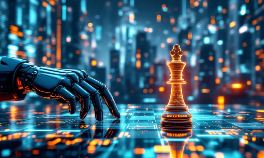 En robothånd rækker ud efter en lysende skakbrik på et futuristisk digitalt bræt med et bybillede af oplyste skyskrabere i baggrunden. - Kunstig intelligens AI