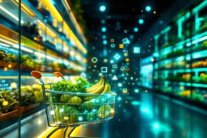 En indkøbsvogn fyldt med bananer, salat og andre råvarer lyser op med digitale ikoner i en stærkt oplyst, moderne købmandsgang med hylder med friske grøntsager. - Kunstig intelligens AI