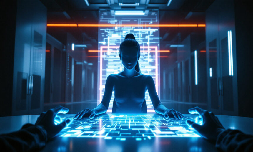 En person sidder ved et lysende digitalt touchscreen-bord i et futuristisk, neonoplyst rum, mens et andet par hænder rækker ud mod skærmen. Baggrunden består af oplyste kredsløbsmønstre og teknologiske paneler. - Kunstig intelligens AI