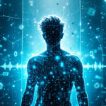 En digital silhuet af en menneskefigur står på en lysende blå baggrund med binær kode og futuristiske interface-elementer, der symboliserer integration af teknologi og kunstig intelligens. - Kunstig intelligens AI