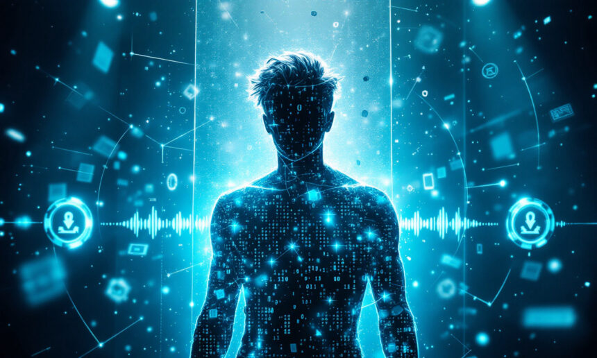 En digital silhuet af en menneskefigur står på en lysende blå baggrund med binær kode og futuristiske interface-elementer, der symboliserer integration af teknologi og kunstig intelligens. - Kunstig intelligens AI