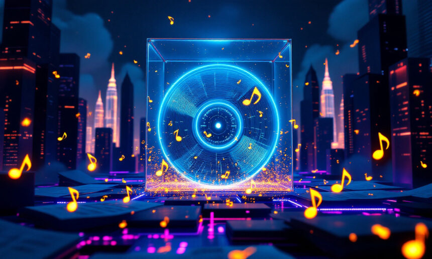 En lysende blå digital plade i en glaskube udsender levende musiknoter, omgivet af skyskrabere i neon og svævende noder, der symboliserer futuristisk musikteknologi. - Kunstig intelligens AI