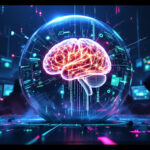 En lysende digital hjerne omgivet af datastrømme er omsluttet af en gennemsigtig kugle med hætteklædte figurer, der bruger computere i et mørkt, højteknologisk miljø, som symboliserer cybersikkerhed og AI. - Kunstig intelligens AI