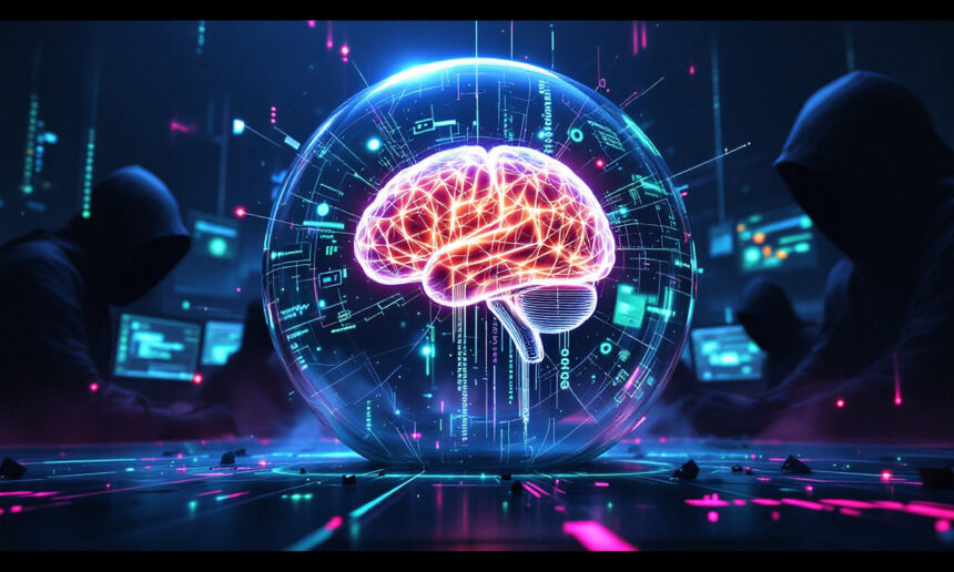 En lysende digital hjerne omgivet af datastrømme er omsluttet af en gennemsigtig kugle med hætteklædte figurer, der bruger computere i et mørkt, højteknologisk miljø, som symboliserer cybersikkerhed og AI. - Kunstig intelligens AI