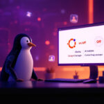 En pingvin sidder ved et skrivebord og kigger på en computerskærm, der viser Ubuntu-relaterede muligheder og indstillinger. Baggrunden består af lysende ikoner og en lilla-orange stemning med tech-tema. - Kunstig intelligens AI