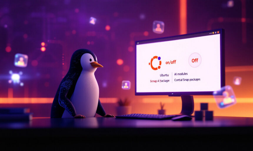 En pingvin sidder ved et skrivebord og kigger på en computerskærm, der viser Ubuntu-relaterede muligheder og indstillinger. Baggrunden består af lysende ikoner og en lilla-orange stemning med tech-tema. - Kunstig intelligens AI