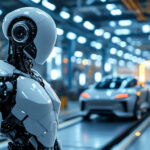 En slank humanoid robot står i forgrunden af et moderne, højteknologisk bilproduktionsanlæg med et hvidt elektrisk køretøj på et samlebånd i den slørede baggrund. - Kunstig intelligens AI