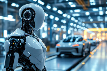 En slank humanoid robot står i forgrunden af et moderne, højteknologisk bilproduktionsanlæg med et hvidt elektrisk køretøj på et samlebånd i den slørede baggrund. - Kunstig intelligens AI