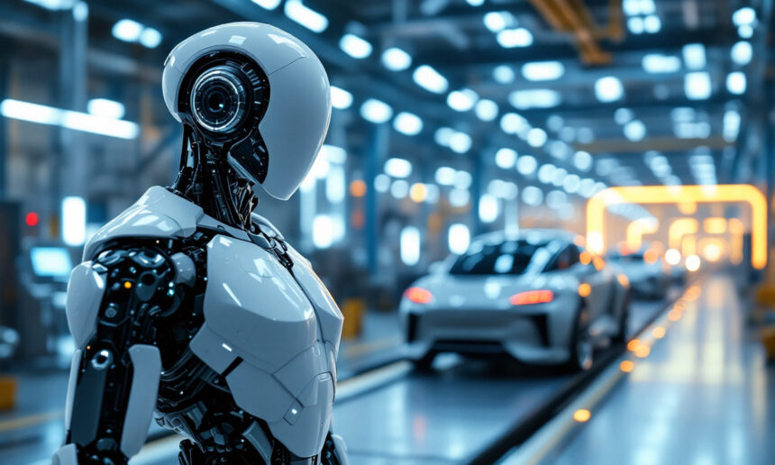 En slank humanoid robot står i forgrunden af et moderne, højteknologisk bilproduktionsanlæg med et hvidt elektrisk køretøj på et samlebånd i den slørede baggrund. - Kunstig intelligens AI