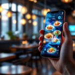 En person holder en smartphone i en moderne restaurant og viser en digital menu med madbilleder. En blå holografisk figur står i nærheden og blander teknologi og spisning i et varmt oplyst miljø. - Kunstig intelligens AI