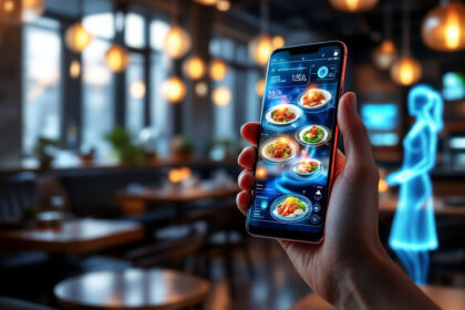 En person holder en smartphone i en moderne restaurant og viser en digital menu med madbilleder. En blå holografisk figur står i nærheden og blander teknologi og spisning i et varmt oplyst miljø. - Kunstig intelligens AI