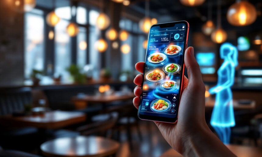 En person holder en smartphone i en moderne restaurant og viser en digital menu med madbilleder. En blå holografisk figur står i nærheden og blander teknologi og spisning i et varmt oplyst miljø. - Kunstig intelligens AI