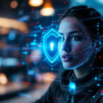 En kvinde ser på digitale hologrammer, herunder et lysende skjold med et nøglehul og ansigtsgenkendelsesmønstre, som antyder cybersikkerhed og avanceret teknologi i moderne, futuristiske omgivelser. - Kunstig intelligens AI