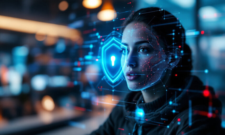 En kvinde ser på digitale hologrammer, herunder et lysende skjold med et nøglehul og ansigtsgenkendelsesmønstre, som antyder cybersikkerhed og avanceret teknologi i moderne, futuristiske omgivelser. - Kunstig intelligens AI