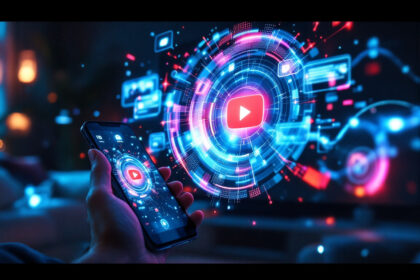 En hånd holder en smartphone, der viser en glødende digital grænseflade med en stor YouTube-afspilningsknap i midten omgivet af futuristiske, farverige tech-ikoner og datagrafik, der svæver i luften. - Kunstig intelligens AI