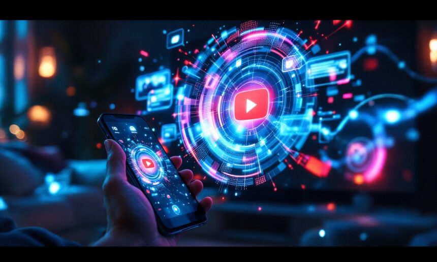 En hånd holder en smartphone, der viser en glødende digital grænseflade med en stor YouTube-afspilningsknap i midten omgivet af futuristiske, farverige tech-ikoner og datagrafik, der svæver i luften. - Kunstig intelligens AI