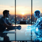 En mand sidder over for en glødende, gennemsigtig humanoid figur lavet af digitale linjer i et moderne kontor med store vinduer og et bybillede i solnedgang i baggrunden. - Kunstig intelligens AI