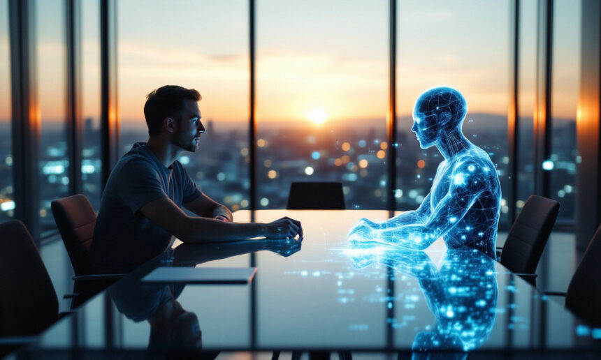 En mand sidder over for en glødende, gennemsigtig humanoid figur lavet af digitale linjer i et moderne kontor med store vinduer og et bybillede i solnedgang i baggrunden. - Kunstig intelligens AI