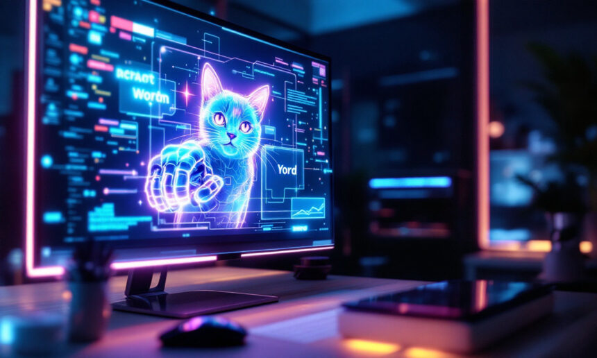 En computerskærm i et svagt oplyst rum viser et digitalt billede af en blå, kybernetisk kat med en robotpote, omgivet af neonfarvet datagrafik og ord som "Worm" og "Yord". Foran står et skrivebord med en bog og et tastatur. - Kunstig intelligens AI