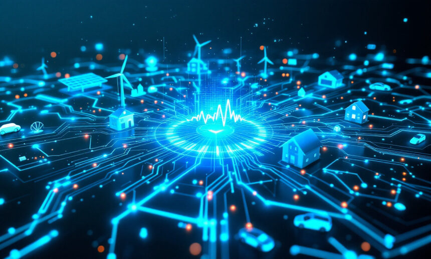 Et lysende digitalt netværk forbinder huse, biler, vindmøller og solpaneler og repræsenterer smart city-teknologi og sammenkoblede energisystemer på en mørk baggrund med blå kredsløb. - Kunstig intelligens AI