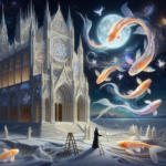 En surrealistisk scene af en gotisk katedral om natten under fuldmåne, med store, lysende koi-fisk, der svømmer gennem himlen. Figurer i hvide gevandter står på sandet jord, og en person i mørkt tøj holder en stav i nærheden af stiger. - Kunstig intelligens AI