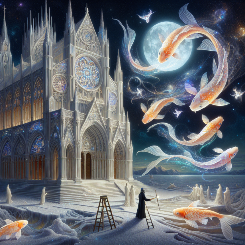 En surrealistisk scene af en gotisk katedral om natten under fuldmåne, med store, lysende koi-fisk, der svømmer gennem himlen. Figurer i hvide gevandter står på sandet jord, og en person i mørkt tøj holder en stav i nærheden af stiger. - Kunstig intelligens AI