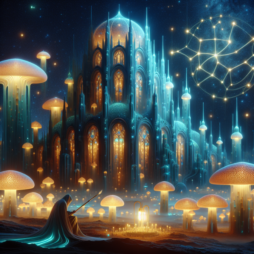 En kappeklædt skikkelse med en stav sidder blandt glødende svampe foran et stort, oplyst fantasipalads under en stjernehimmel, hvor et stjernebillede lyser op. - Kunstig intelligens AI