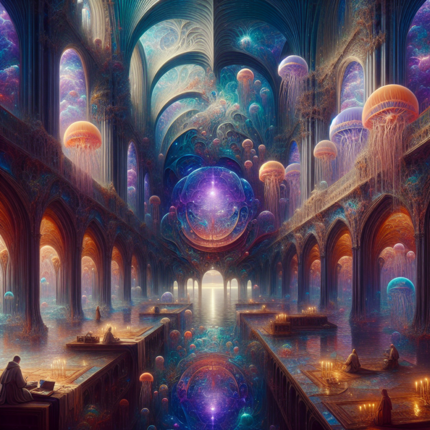 En stor, surrealistisk katedral med lysende vandmænd, der svæver i luften, buede lofter, kosmiske kugler, borde med levende lys og klædte skikkelser, der studerer i en mystisk, drømmeagtig atmosfære. - Kunstig intelligens AI