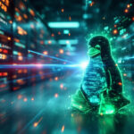 En lysende digital Tux, Linux' pingvinmaskot, er afbildet i et datacenter med servere og streamingkode, hvilket symboliserer Linux' tilstedeværelse i højteknologiske computermiljøer. - Kunstig intelligens AI