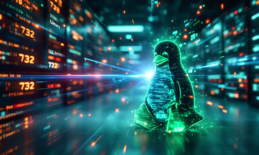 En lysende digital Tux, Linux' pingvinmaskot, er afbildet i et datacenter med servere og streamingkode, hvilket symboliserer Linux' tilstedeværelse i højteknologiske computermiljøer. - Kunstig intelligens AI