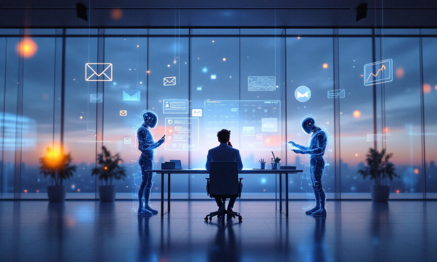 En person sidder ved et skrivebord på et moderne kontor, flankeret af to humanoide robotter. Digitale skærme med diagrammer, grafer og e-mail-ikoner svæver i luften og antyder avanceret teknologi og kunstig intelligens. - Kunstig intelligens AI