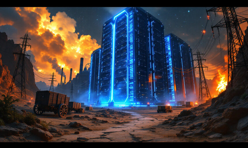Et futuristisk datacenter med glødende blå lys står midt i et stenet industrilandskab med fabrikker, elledninger og en dramatisk himmel fyldt med orange skyer og røg. Lastbiler er parkeret på det ujævne terræn. - Kunstig intelligens AI