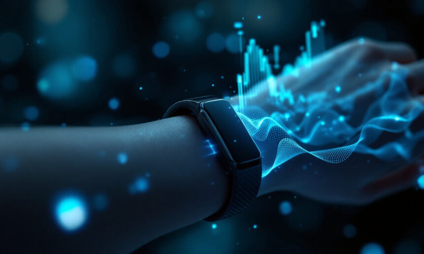Et smartwatch på en persons håndled projicerer glødende blå digitale bølger og datagrafer, der symboliserer sundheds- eller fitness-tracking i en futuristisk, højteknologisk stil. - Kunstig intelligens AI