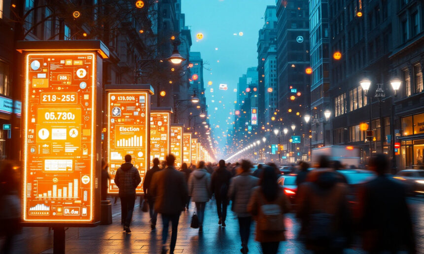 På en travl bygade i skumringen går folk forbi lysende digitale billboards, der viser diagrammer, data og valgresultater, med svævende smiley-ikoner over hovedet og biler, der kører forbi på begge sider. - Kunstig intelligens AI